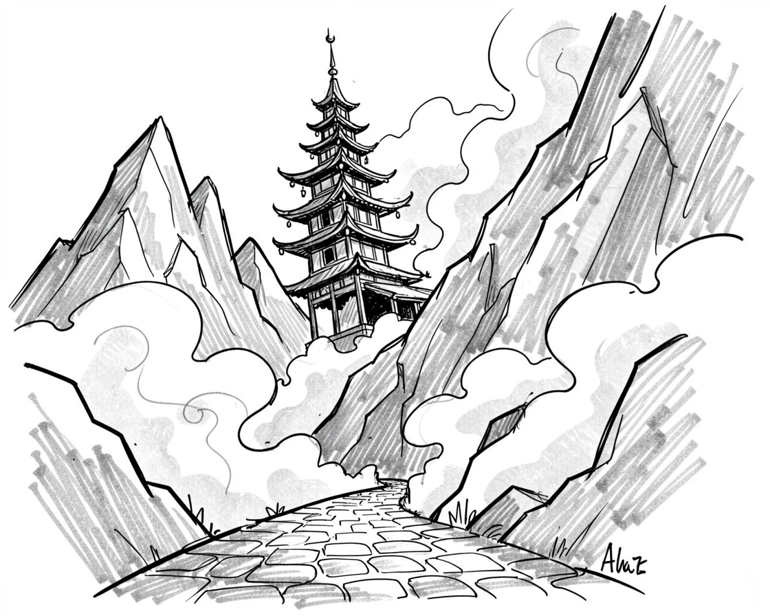 A mountain temple wrapped in fog along a quiet cobblestone street.