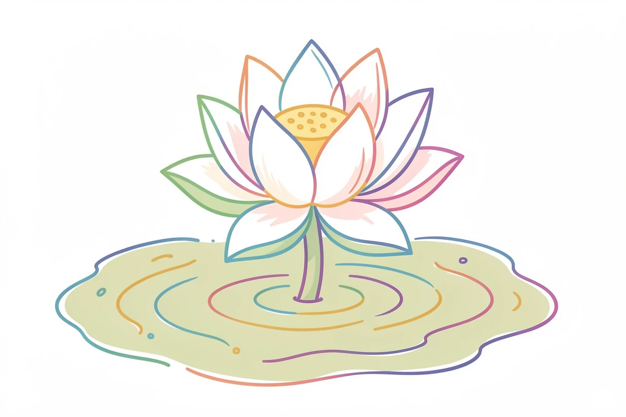 A single lotus flower blooming perfectly amid murky pond water.