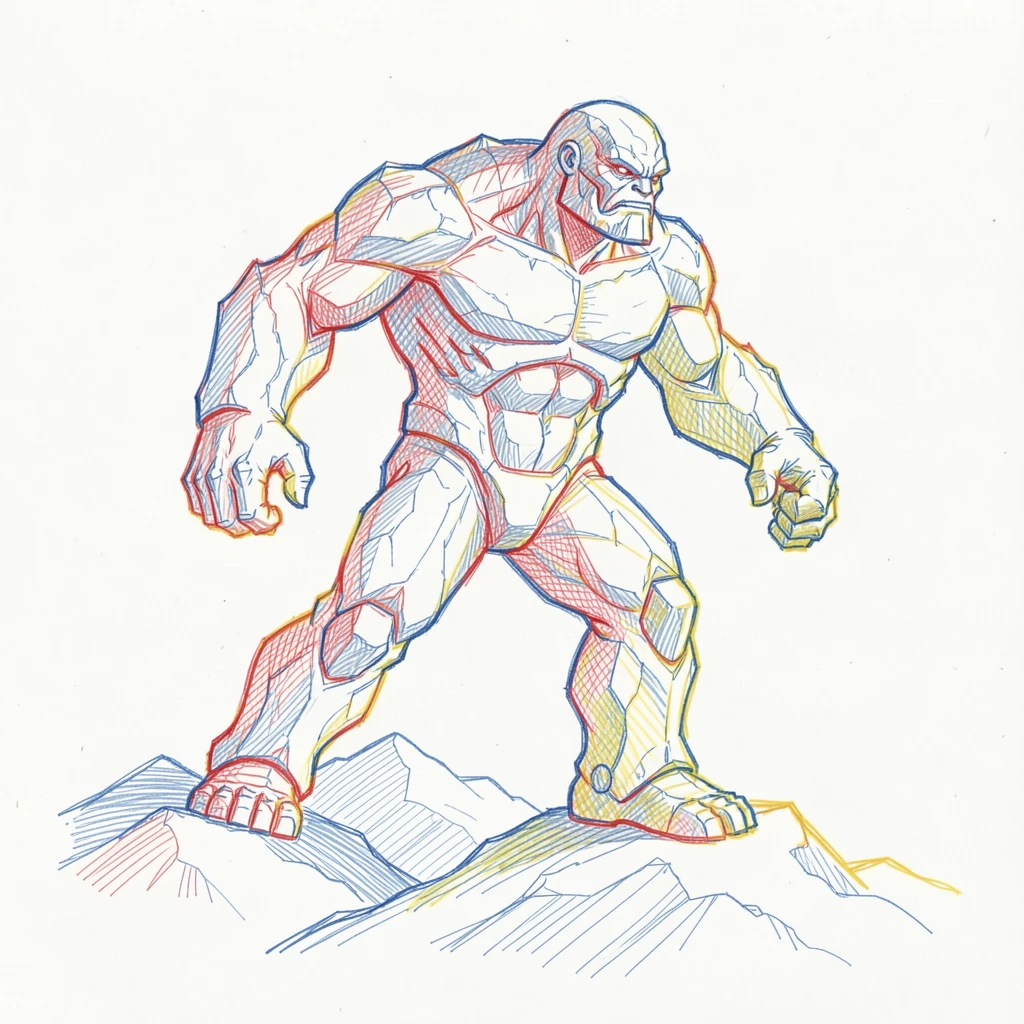 A colossal ice giant frozen mid-stride atop a snowy mountain