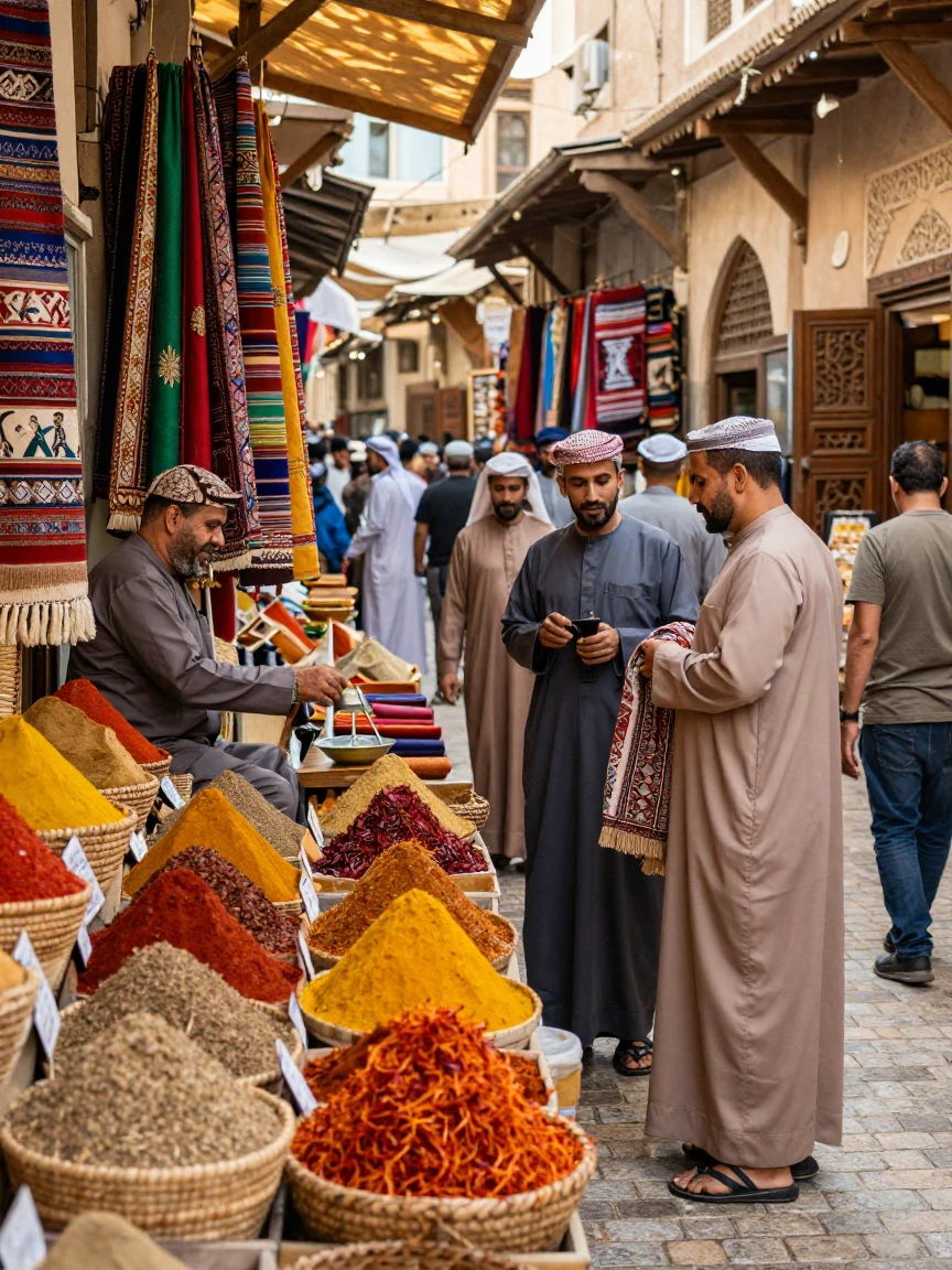 A traditional souk market filled with spices and textiles