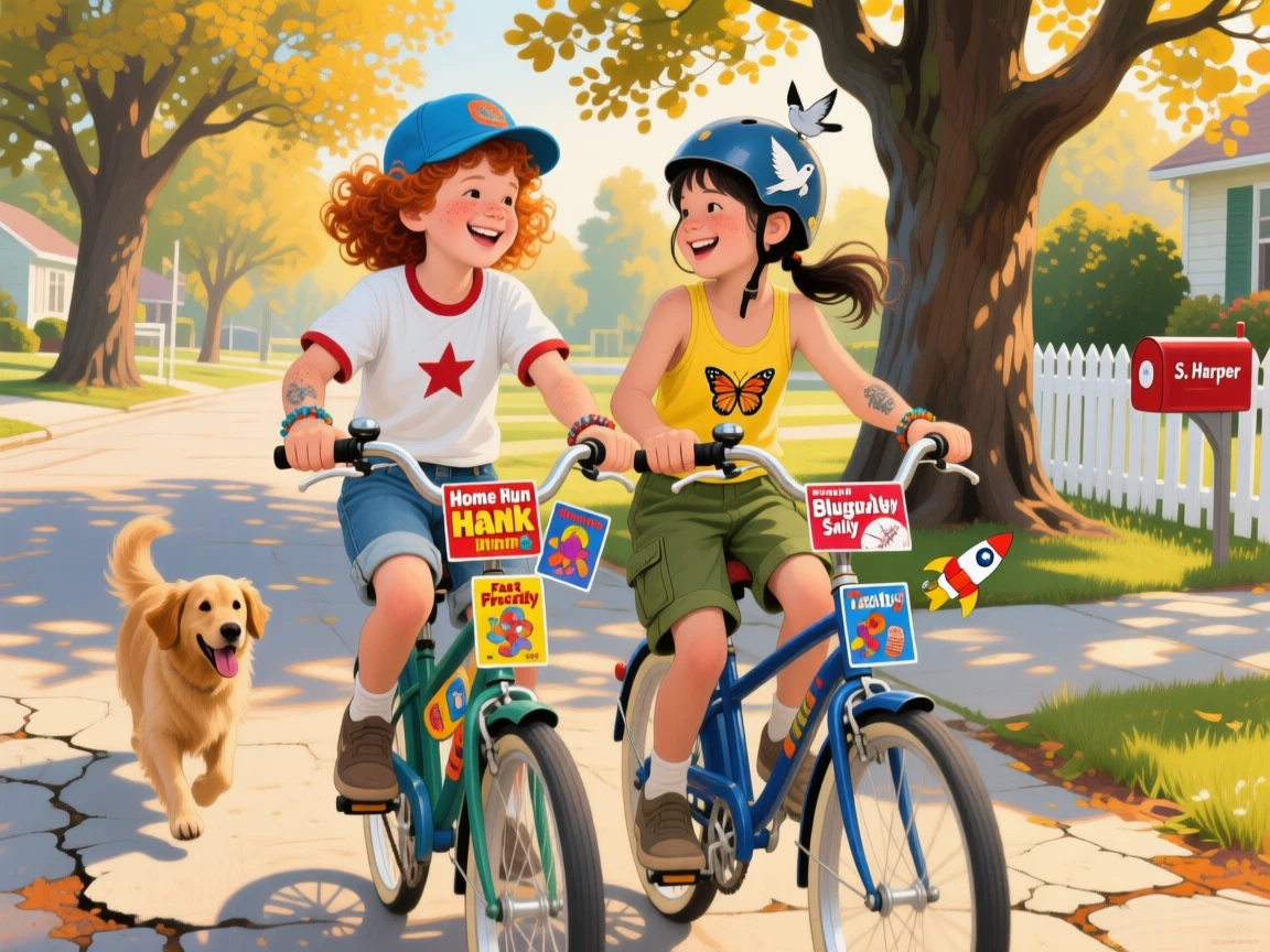 Childhood best friends ride bikes side by side down a tree-lined street, baseball cards clipped to their spokes clicking rhythmically, small personal details in their clothing and surroundings hinting at their story.