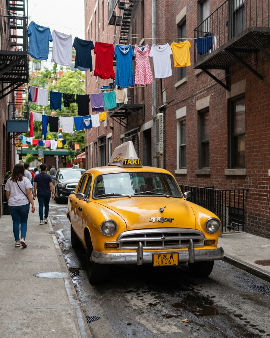 A vintage taxi navigates a narrow alley lined with hanging laundry.
