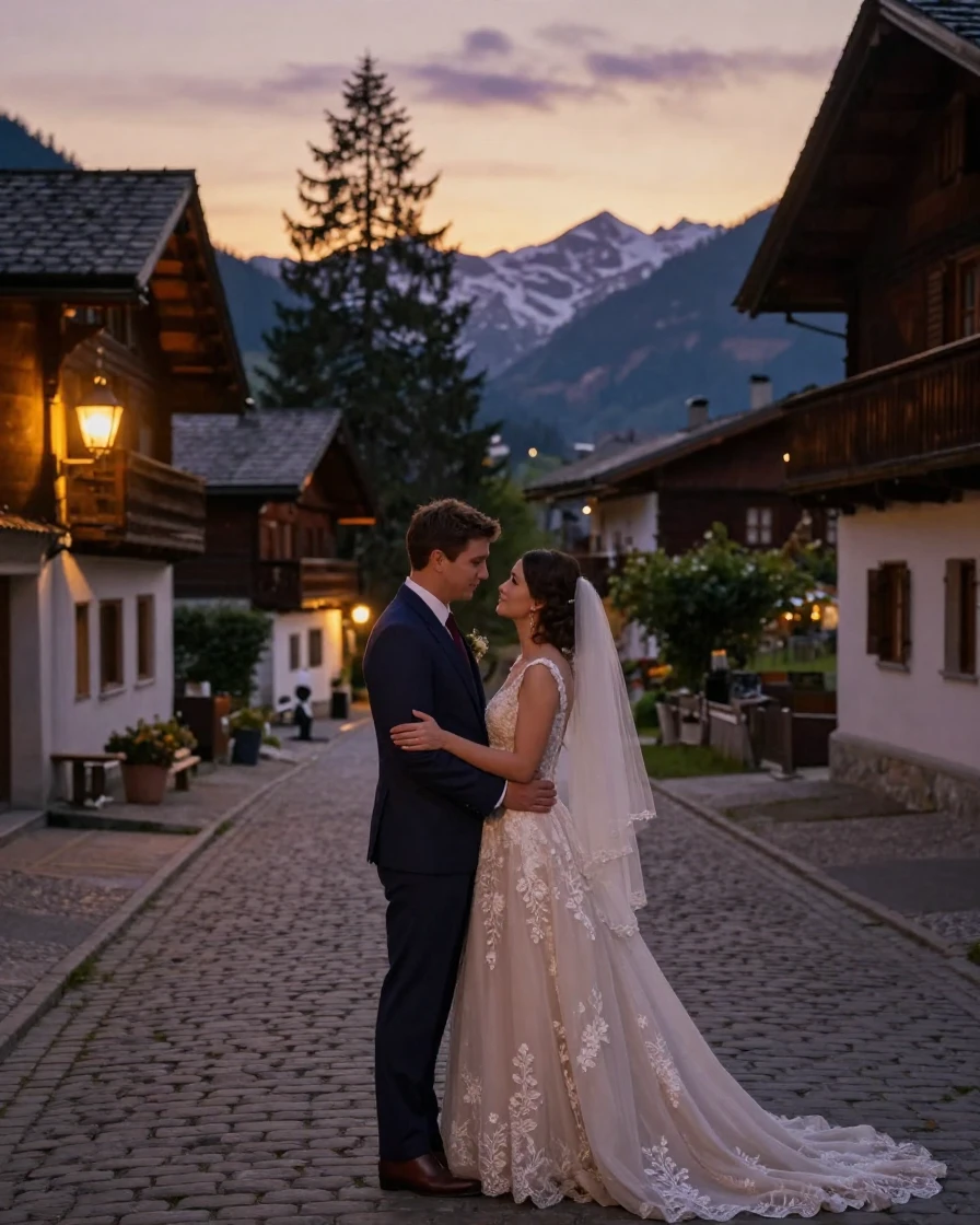 A newlywed couple embracing in a quiet mountain village as the day comes to an end