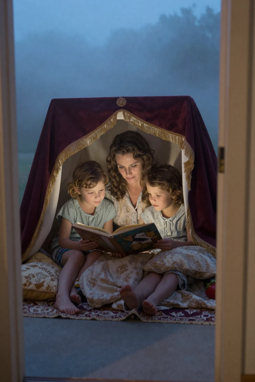 A mother reading a bedtime story to two children under a blanket fort, in cool blue twilight, in thick rolling fog, during the long days of summer, with rich burgundy and gold accents, framed through an open doorway.