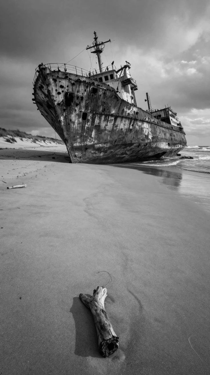 A shipwreck rusts slowly on a deserted shore on a remote sandy beach.