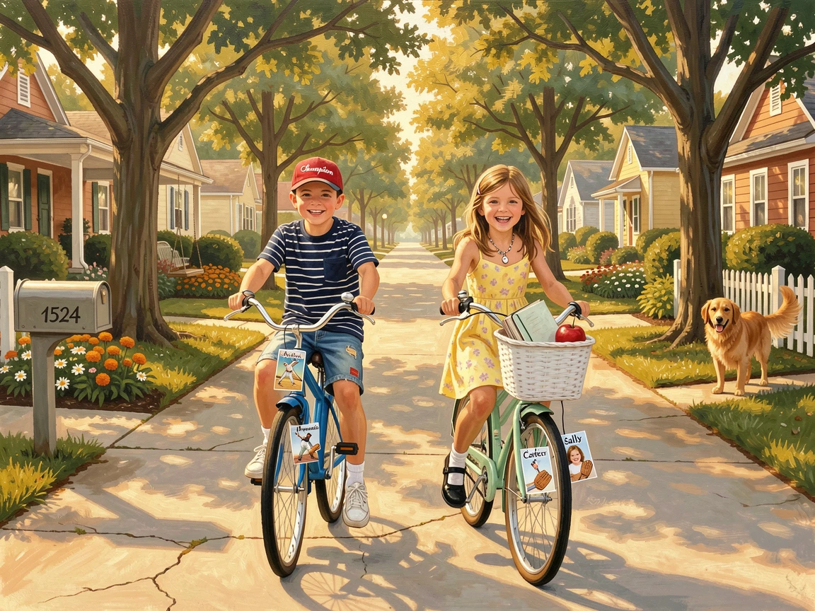 Childhood best friends ride bikes side by side down a tree-lined street, baseball cards clipped to their spokes clicking rhythmically, small personal details in their clothing and surroundings hinting at their story.