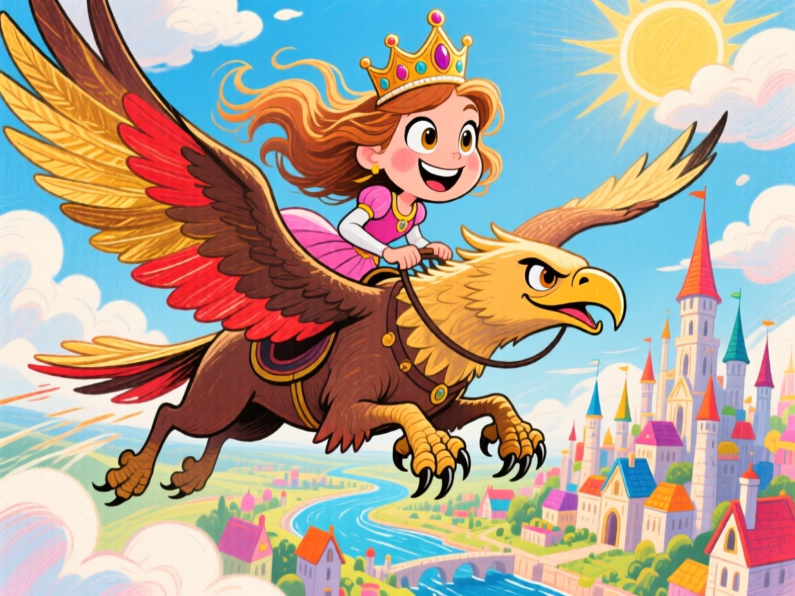 A brave princess riding atop a majestic griffin soaring above a fantasy kingdom.