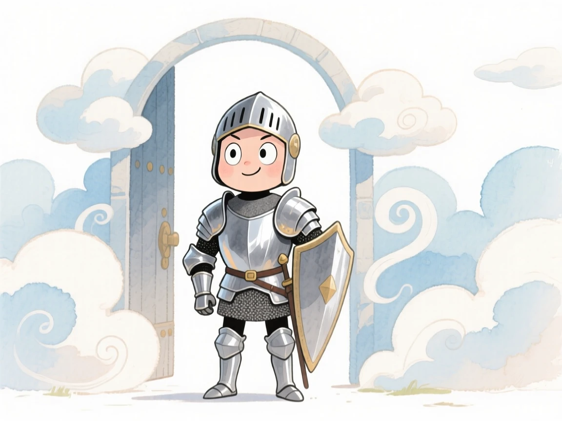 A knight in shining armor standing guard at the gates of a cloud kingdom
