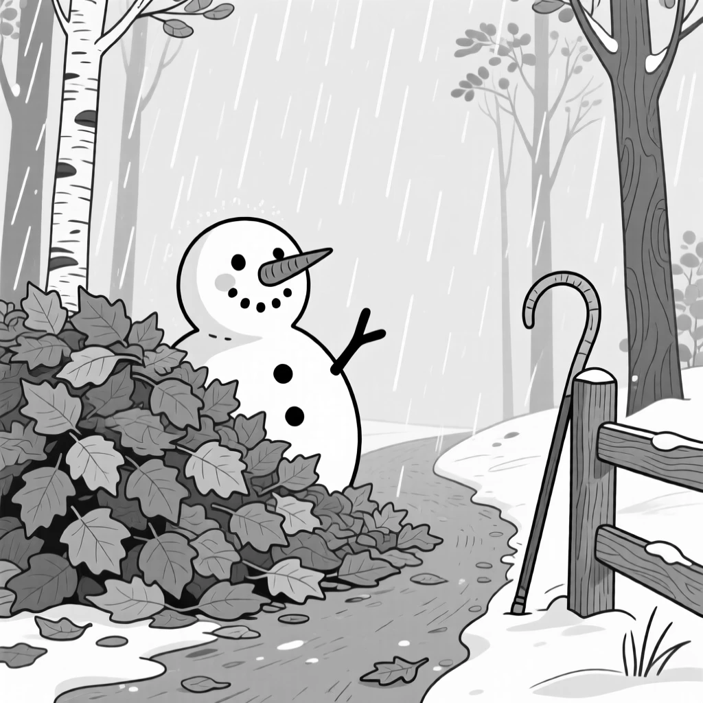 A snowman with a crooked carrot nose and lopsided grin, grinning ear to ear behind an enormous orange pile, set on a forest trail caught in a sudden downpour. A lone shepherd's crook leans against a fence post. It captures the quiet wonder of the changing seasons.