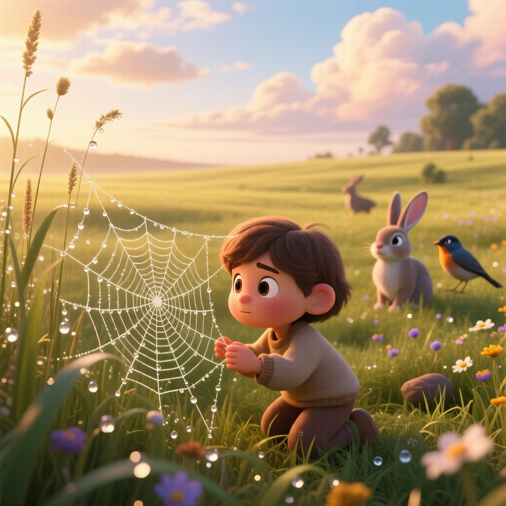 A meadow at first light glows under a sky full of drifting clouds, with delicate spider webs beaded with dew. The mood is serene, vast, and quietly majestic.