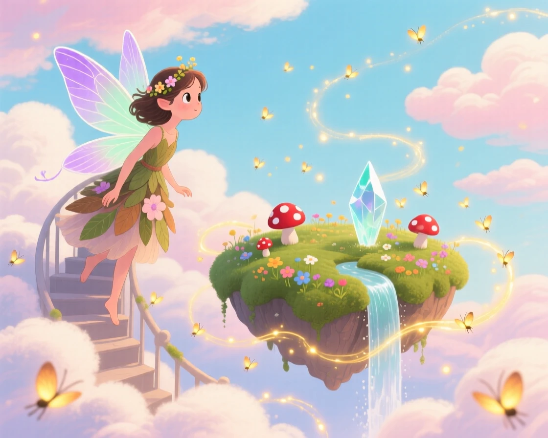 A gentle forest fairy pauses from climbing a staircase made of clouds to marvel at a floating island in the clouds, with fireflies weaving glowing trails.