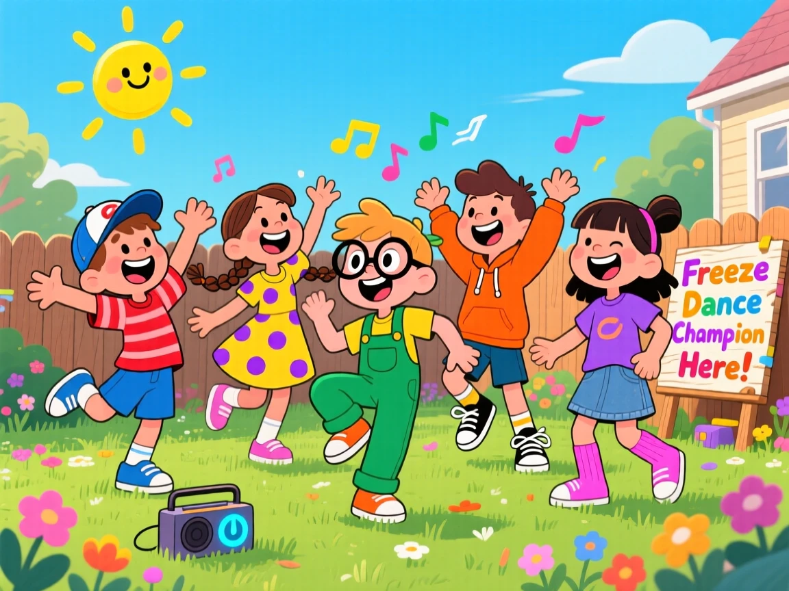 A group of kids playing freeze dance in a sunny backyard.