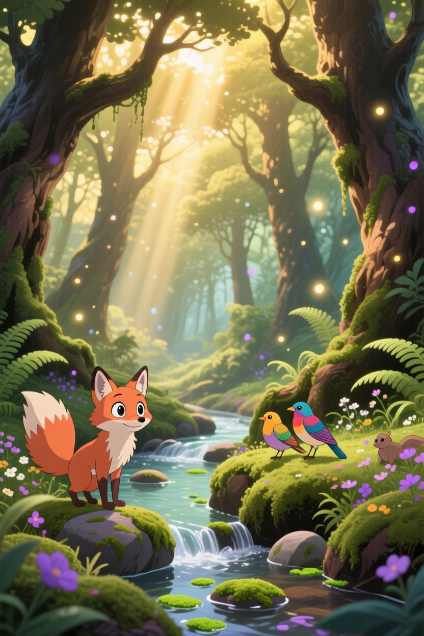 An ancient forest where sunbeams filter through dense canopy, a narrow stream trickling over smooth stones, creating a scene of quiet natural magic.