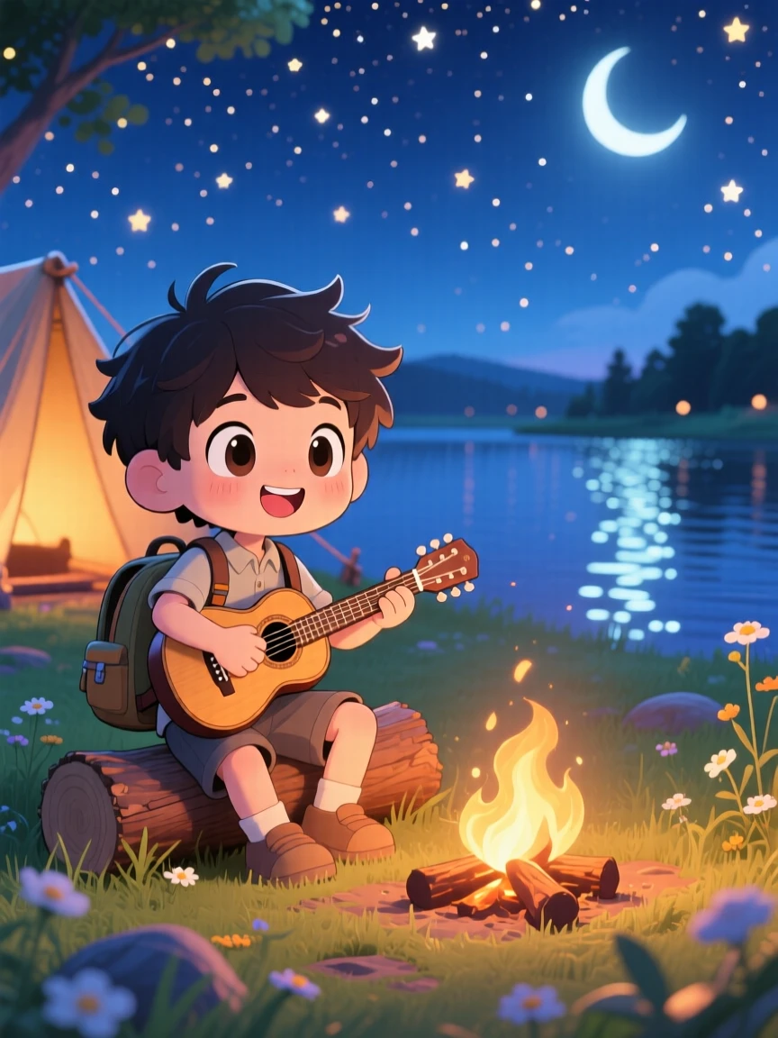 A young boy strumming a tiny guitar by a campfire in a starlit campsite under a starry midsummer night sky; shimmering reflected light off water washes over the scene as curious excitement fills the moment. Wide establishing shot.
