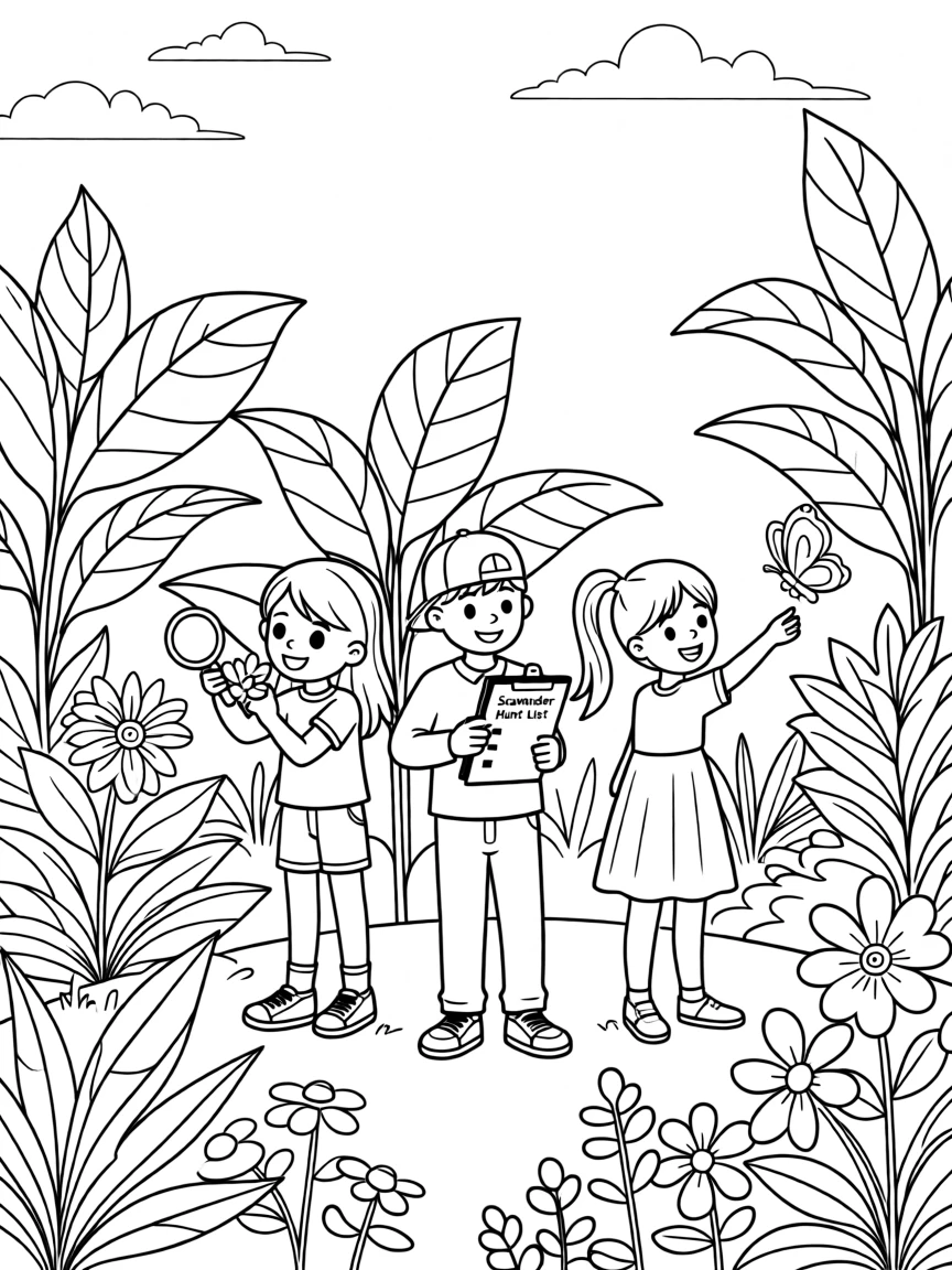 A group of kids on a scavenger hunt through a botanical garden