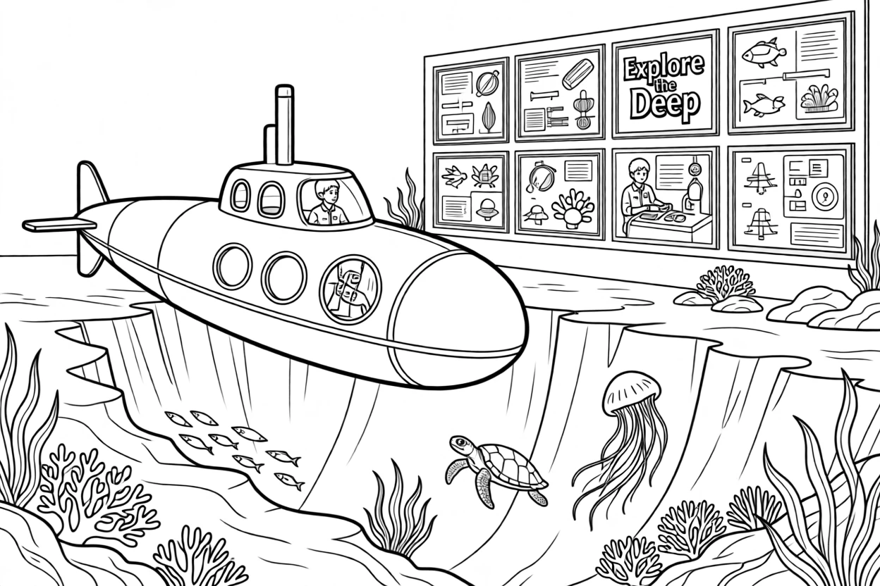 A submarine exploring a glowing underwater trench, with a poster wall visible in the background.