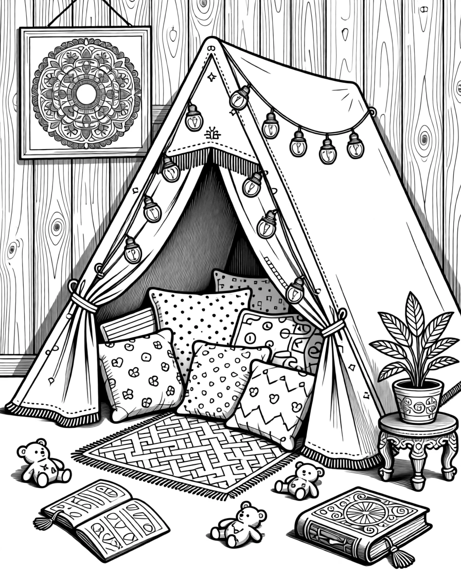 A cozy blanket fort scene with fairy lights and stacked pillows.