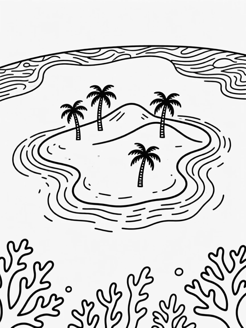 A tropical island seen from above with a coral reef surrounding it