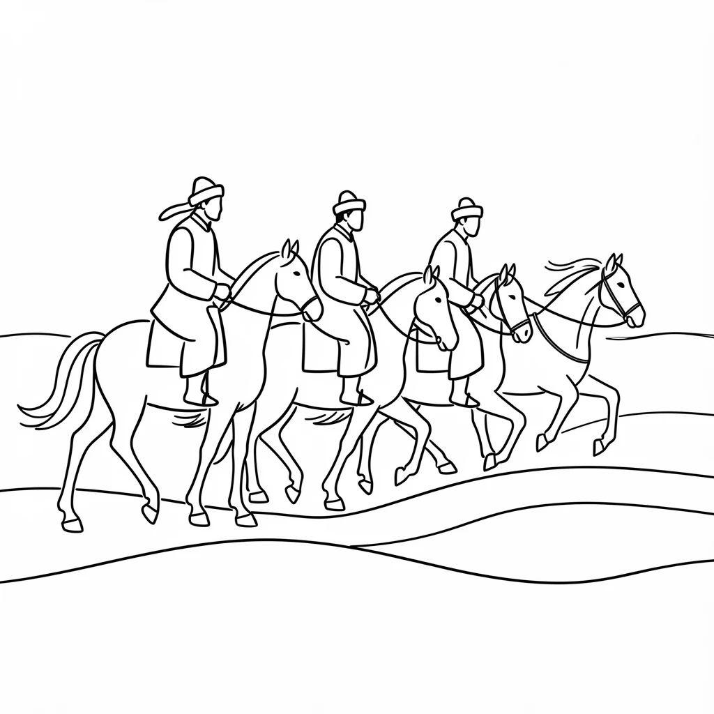A group of Mongolian herders on horseback crossing an open steppe