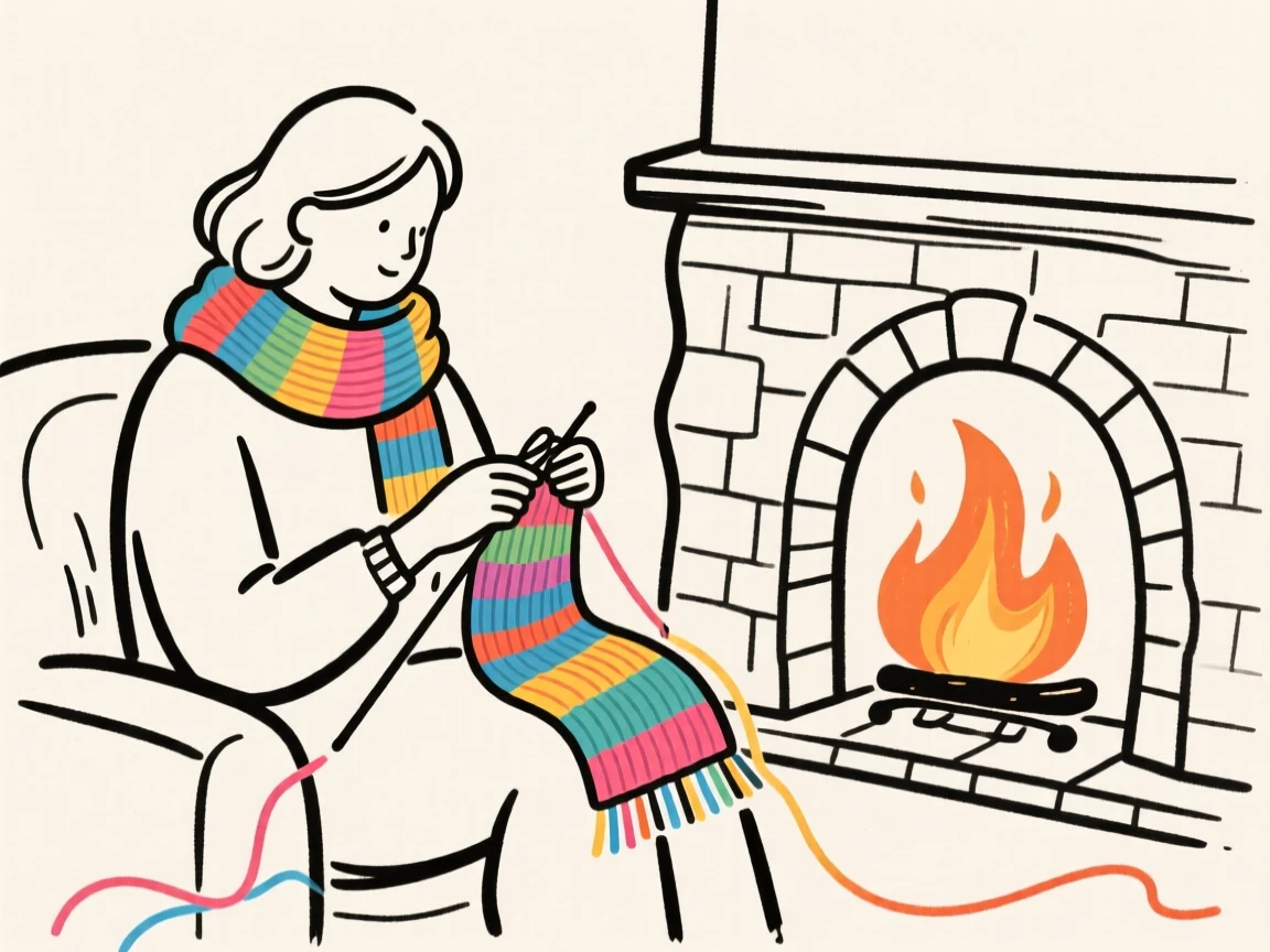 A knitter working on a colorful scarf beside a crackling fireplace.