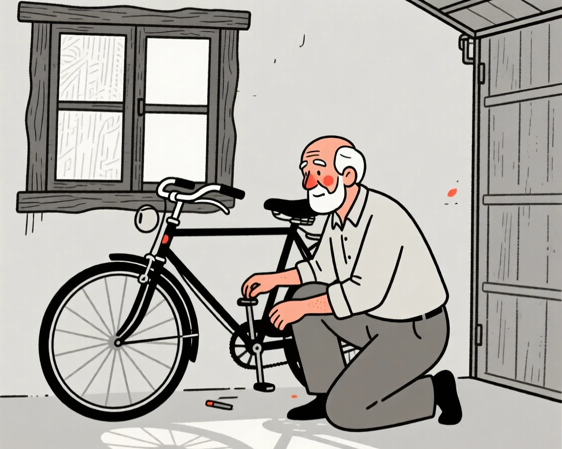A grandfather of Turkish heritage restoring an old bicycle in a garage, by a rustic farmhouse window.