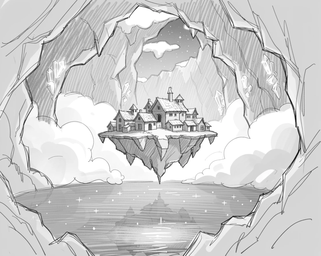 A floating city drifting among the clouds, inside a cavern lit by crystal formations, with stars reflected in still water.