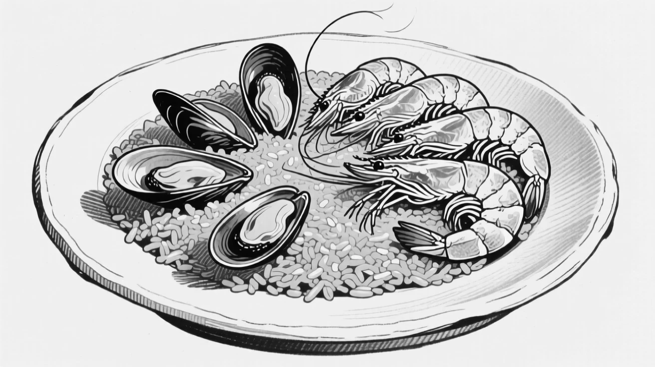 A plate of paella filled with saffron rice, shrimp, and mussels.
