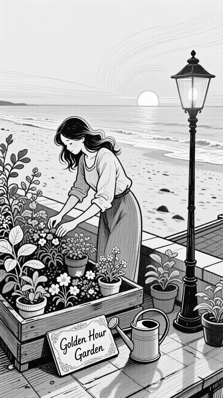 A woman tending her rooftop garden on a sandy beach at golden hour, with the glow of a nearby lamp softening the scene, creating a wistfully sweet lifestyle scene.