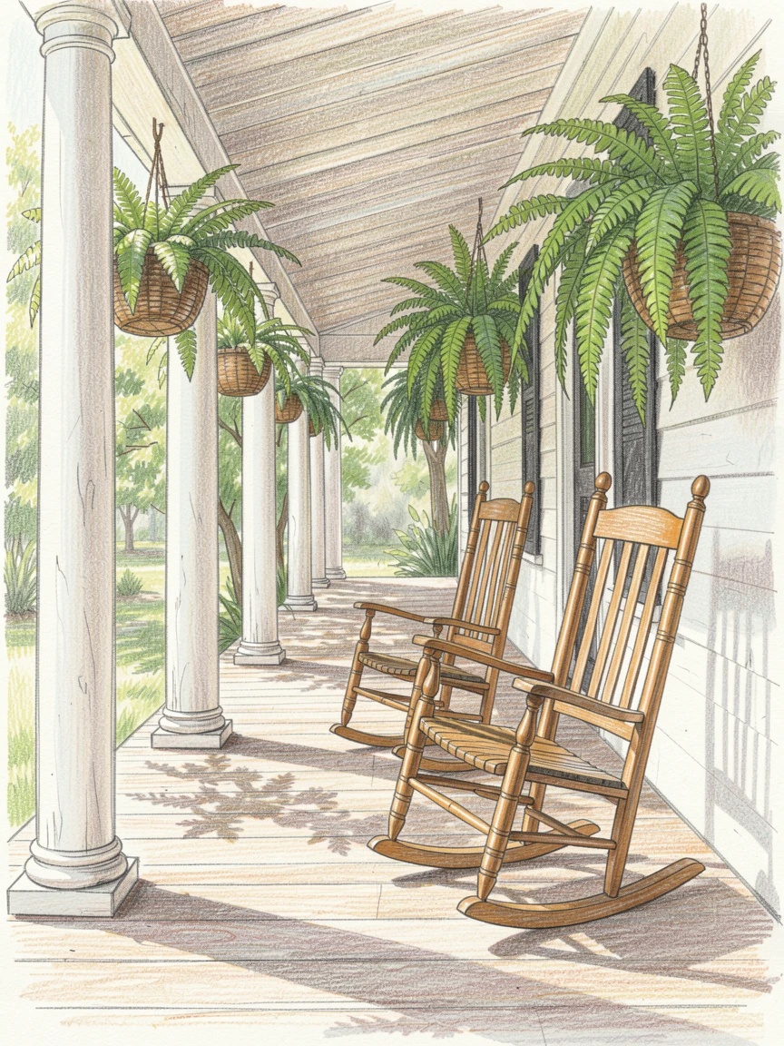 A Southern plantation-style porch with hanging ferns and rocking chairs, with a gentle play of light and shadow across the composition, full of charm, emotion, and visual delight.