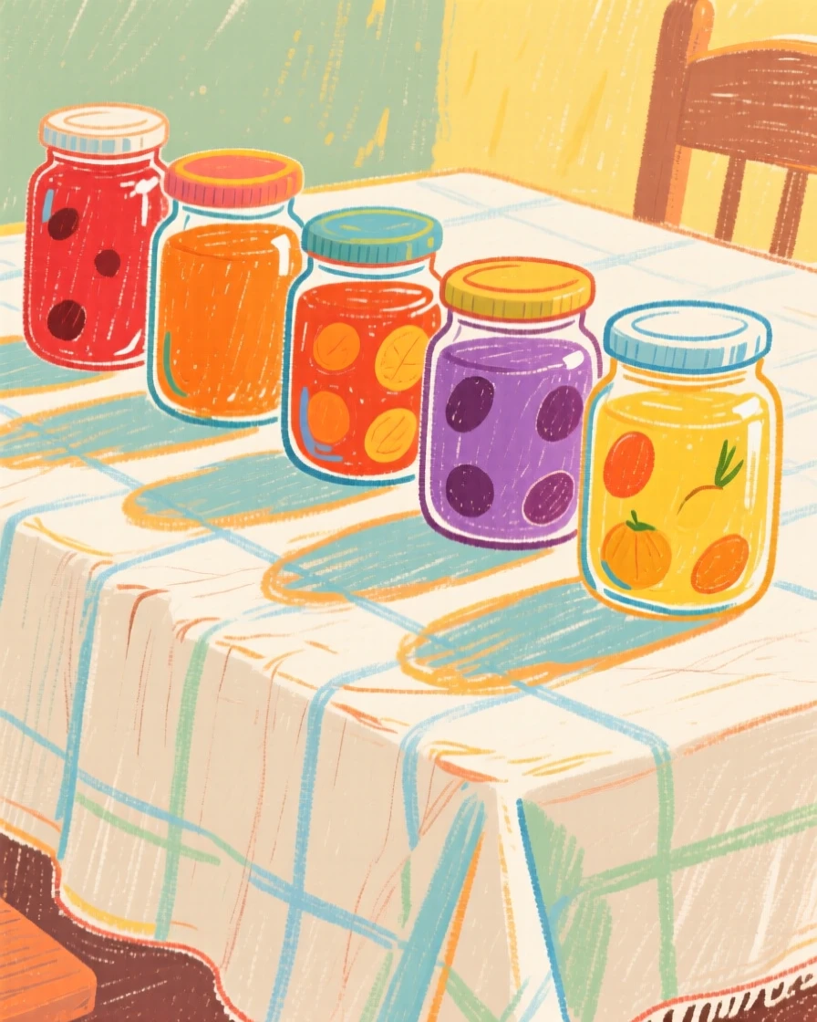 A row of glass jars filled with preserves set on a linen tablecloth in the afternoon light.