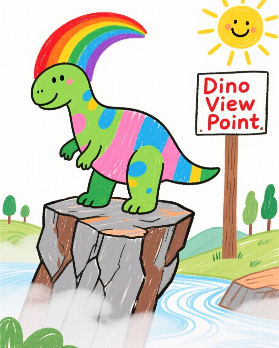 A colorful parasaurolophus with a curved crest on a rocky cliff overlooking a misty valley.