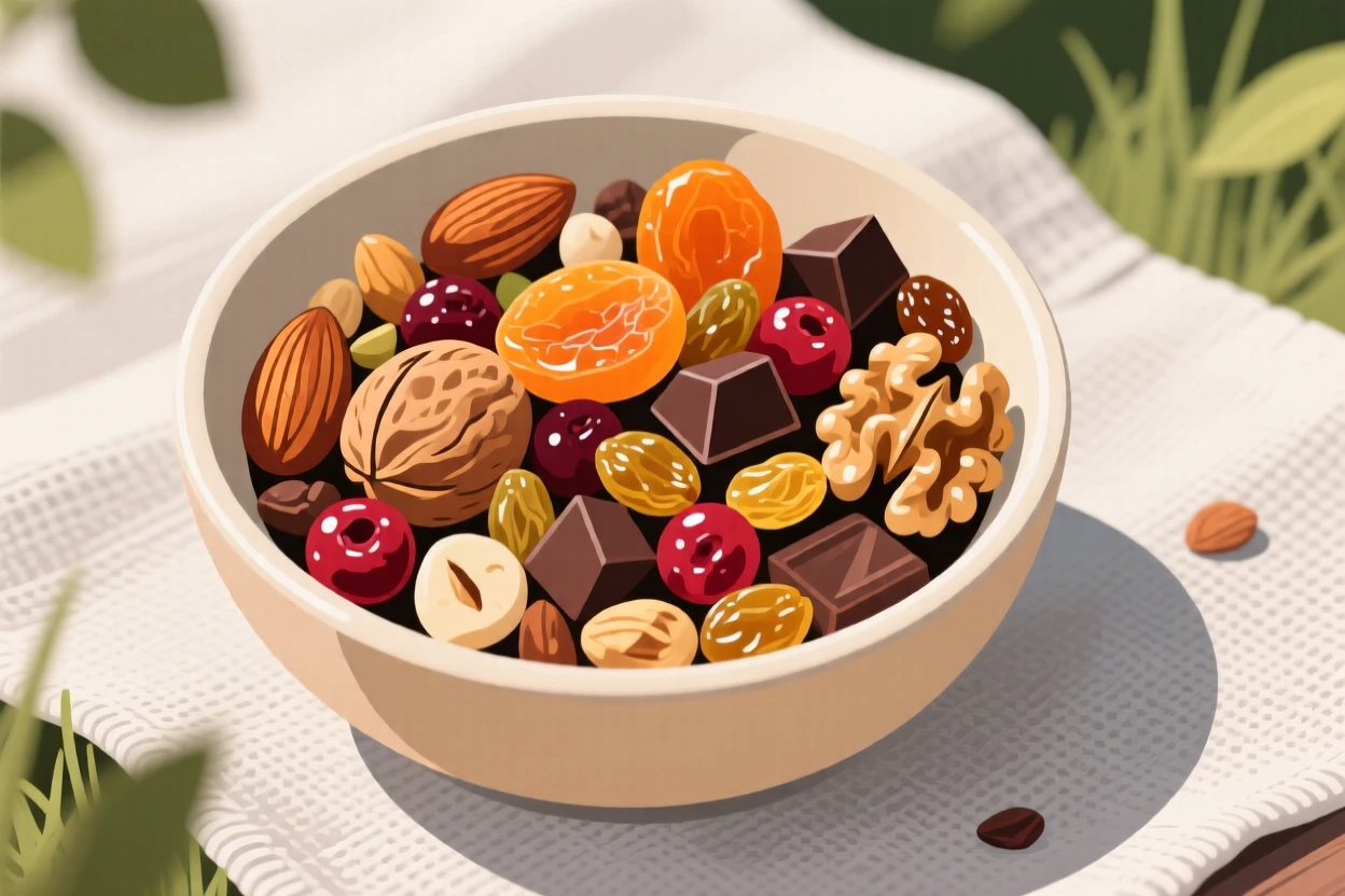 A colorful bowl of trail mix with nuts, dried fruit, and chocolate, arranged on a linen tablecloth outdoors, arranged in an appetizing overhead flat lay, with glossy highlights that make the dish look freshly made.