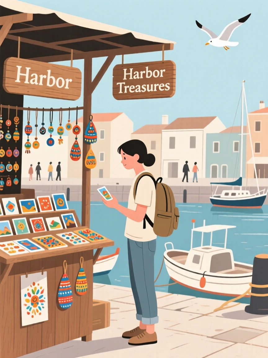 A traveler shopping for souvenirs near a bustling harbor.