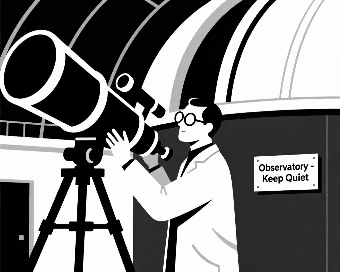 An astronomer adjusting a giant telescope at an observatory.