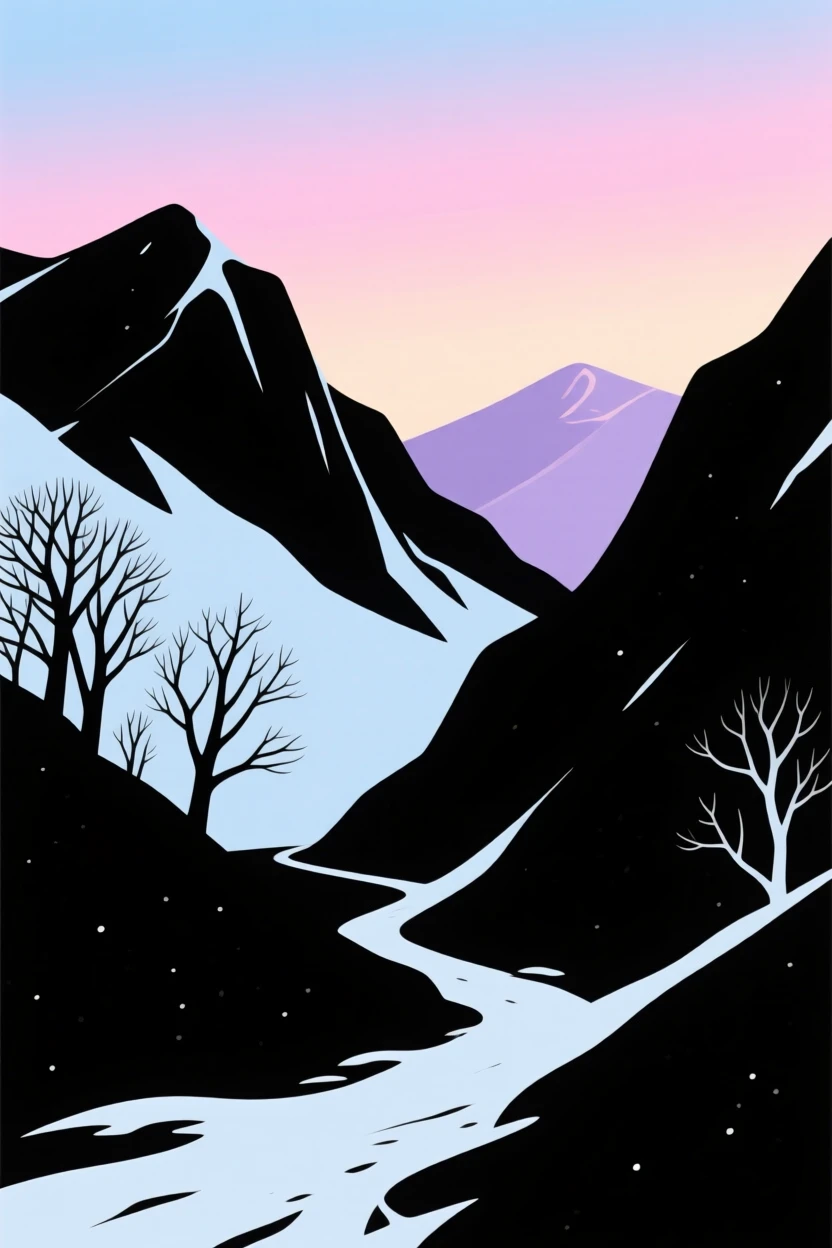 A quiet mountain pass dusted with early season snow.