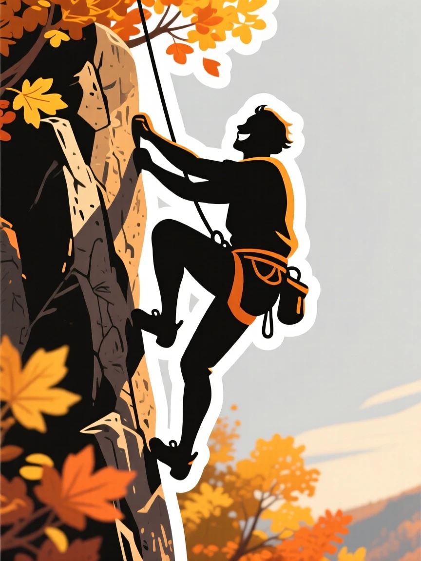 A quietly passionate rock climber scaling a cliff face, with a warm smile of accomplishment, during a golden autumn afternoon.