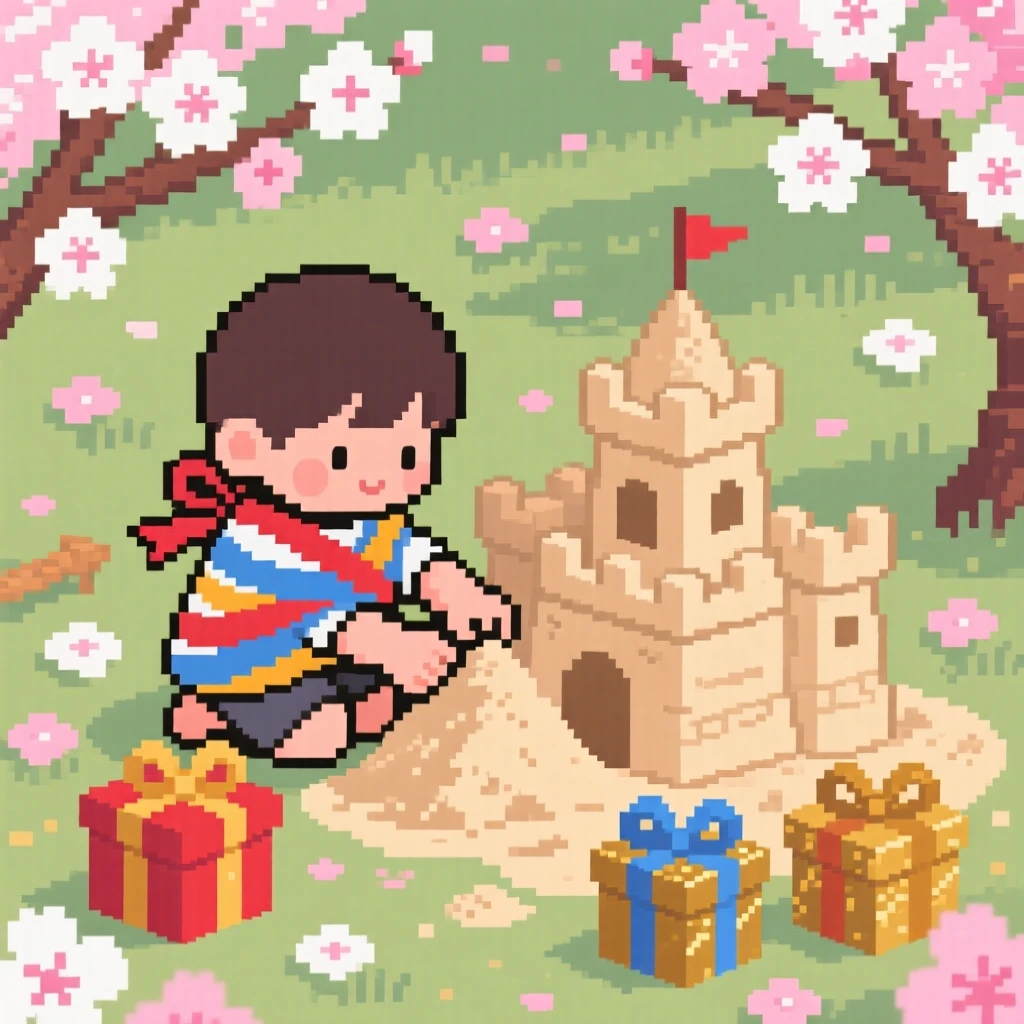A child building a sandcastle wrapped in ribbons and gift paper, in a garden bursting with cherry blossoms.