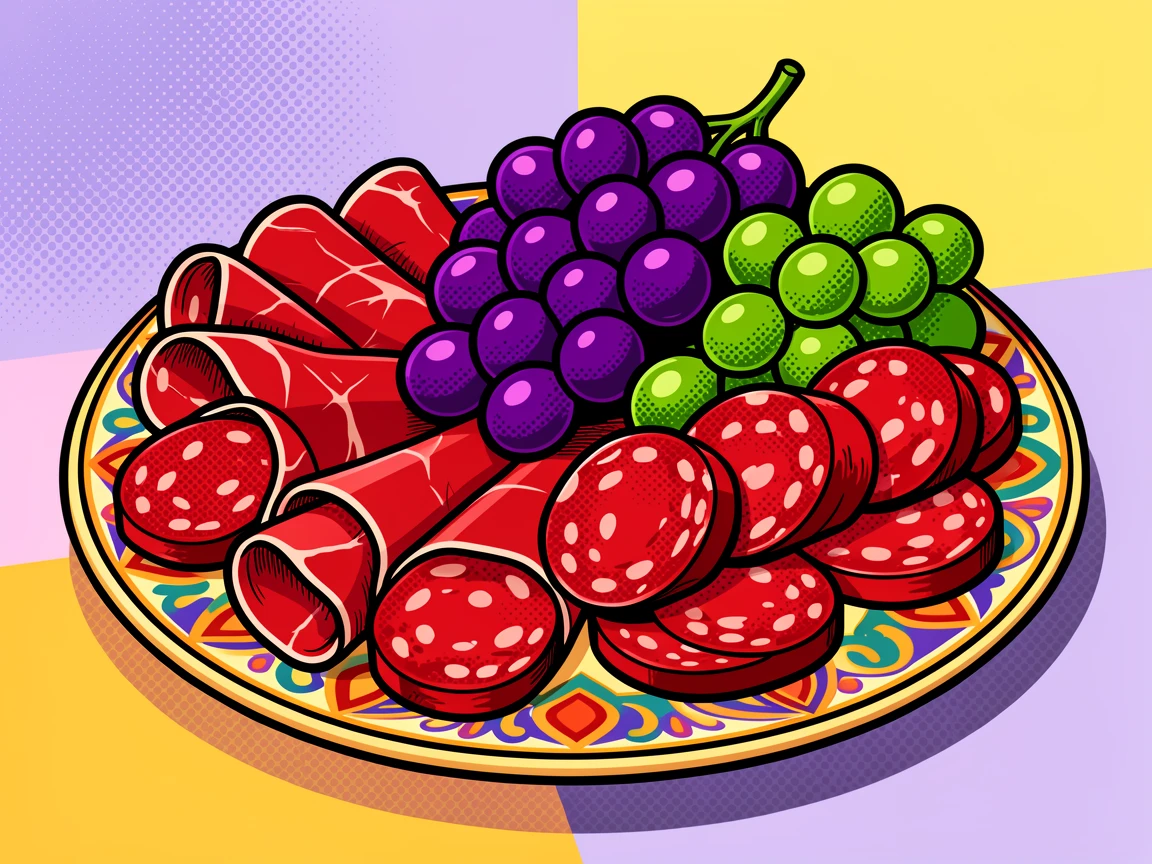 A charcuterie board with cured meats and grapes served on a decorative plate at a family dinner