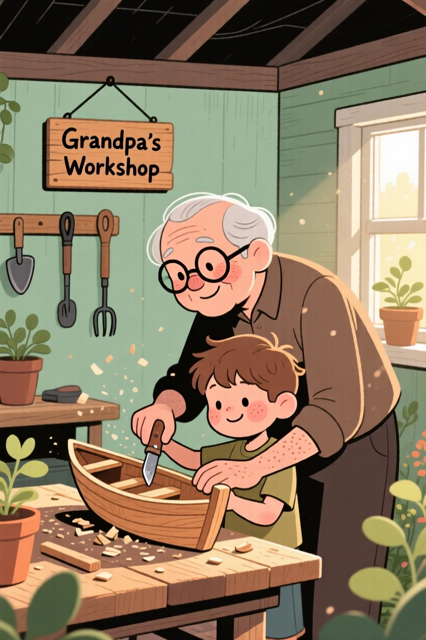 A grandparent shows a eager grandson how to carve a small wooden boat in the garden shed, both taking their time as the afternoon sun warms their shoulders.