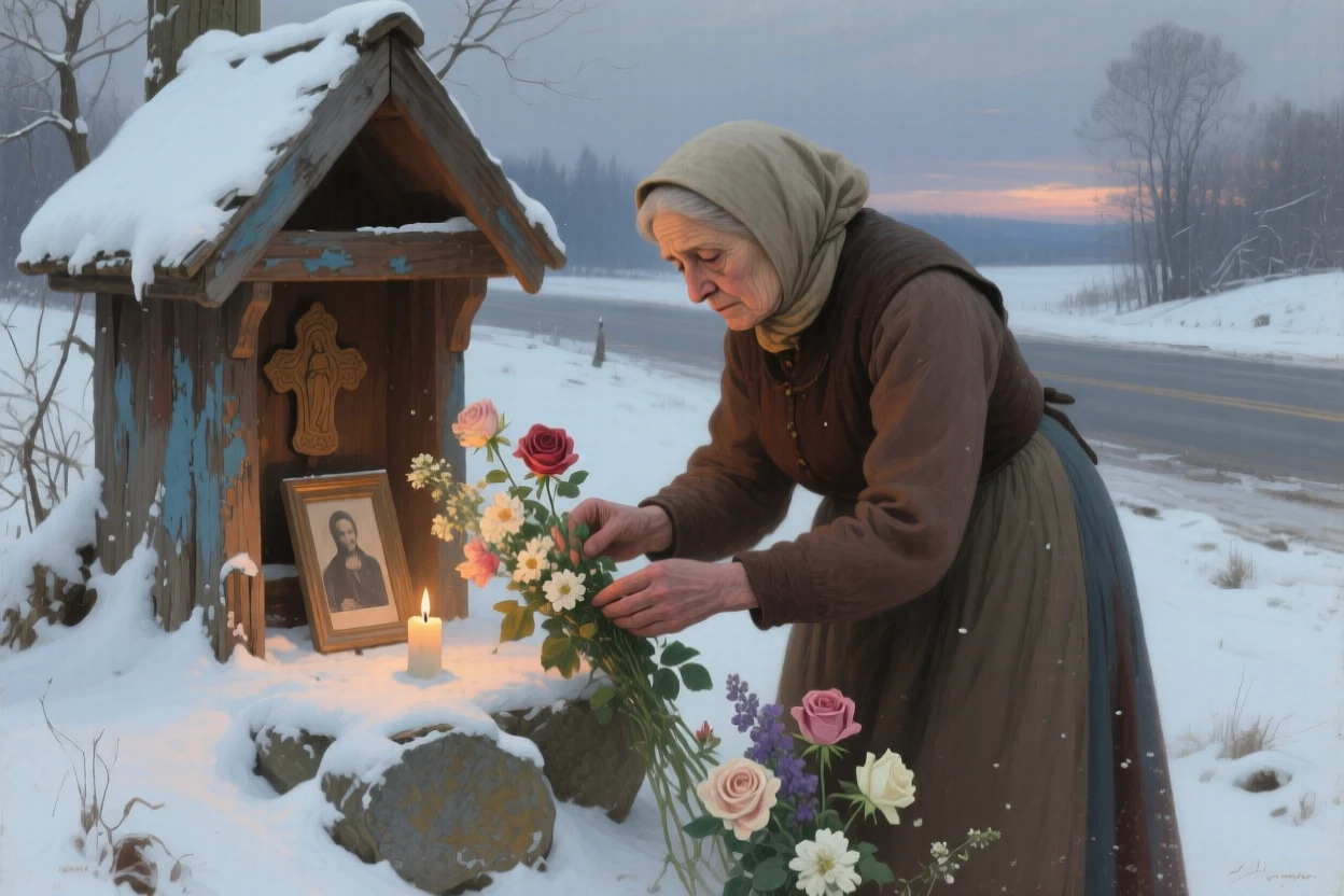 An intimate close-up of a widow tending flowers at a small roadside shrine, in the pale light of early evening, under a fresh blanket of winter snow.
