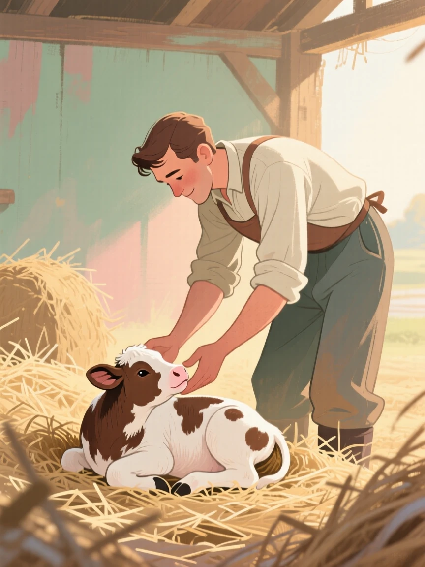 A farmer checking on a newborn calf in a straw-filled stall