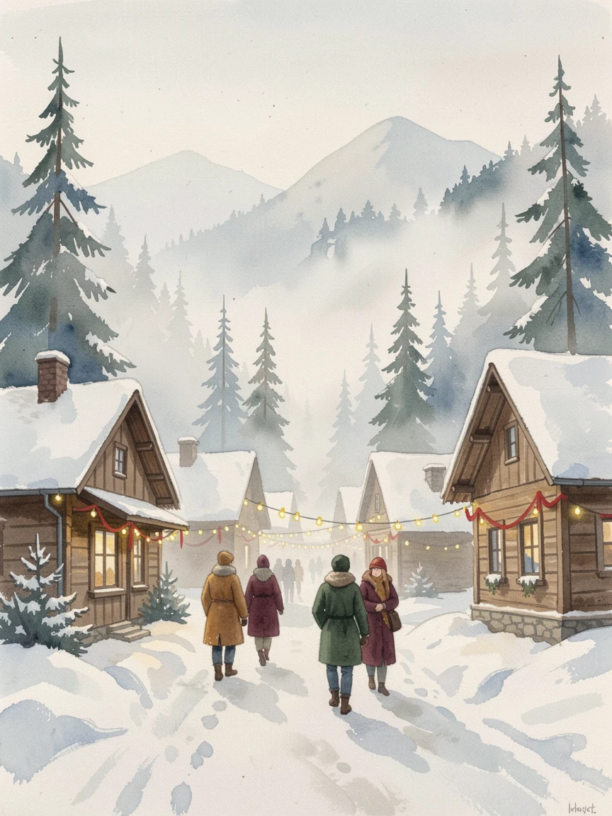 A mountain village lit up for a winter festival with soft morning fog rolling through with travelers strolling along the path.