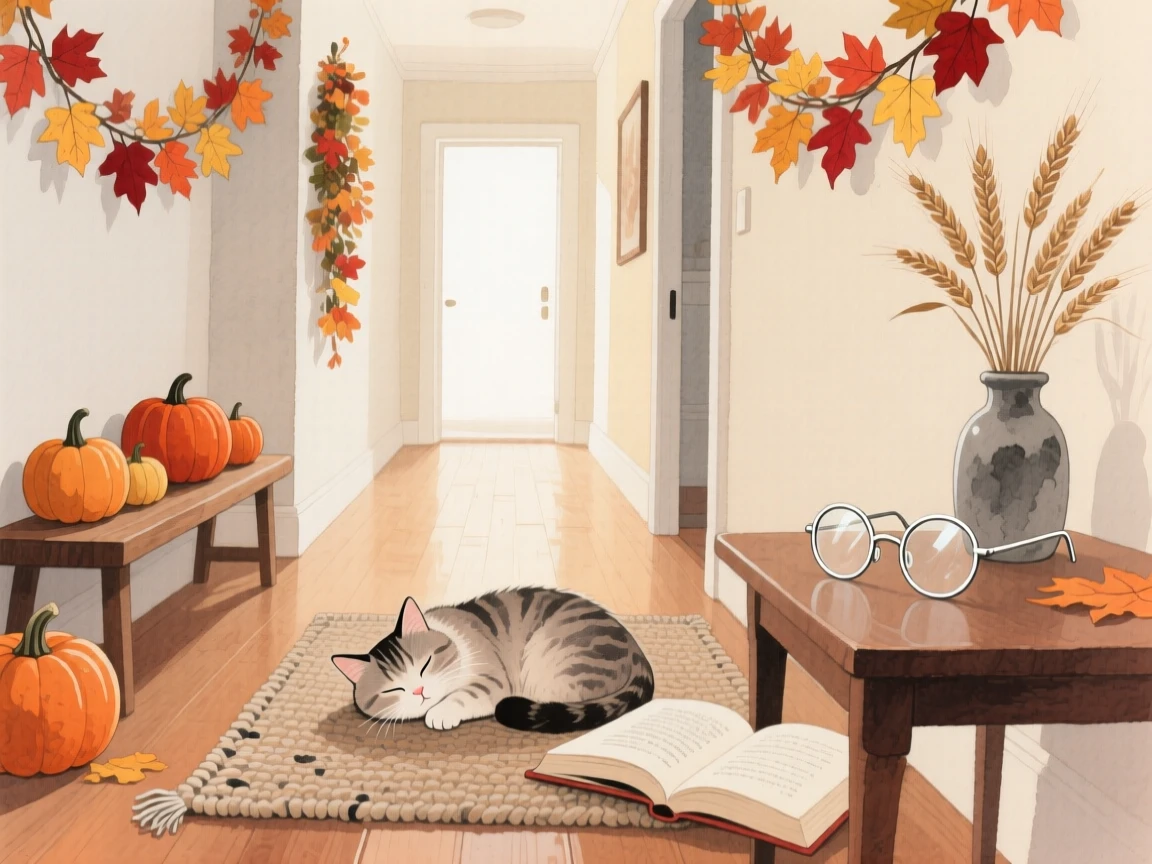A charming view of an autumn-decorated hallway, with a cat curled asleep nearby, featuring a pair of reading glasses resting on an open book