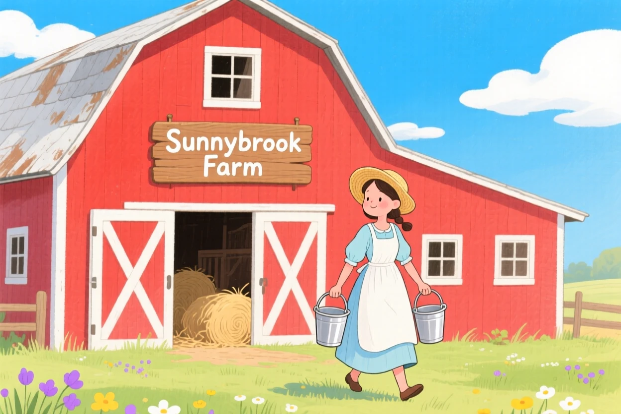 A picturesque view of a milkmaid carrying pails past a red barn.