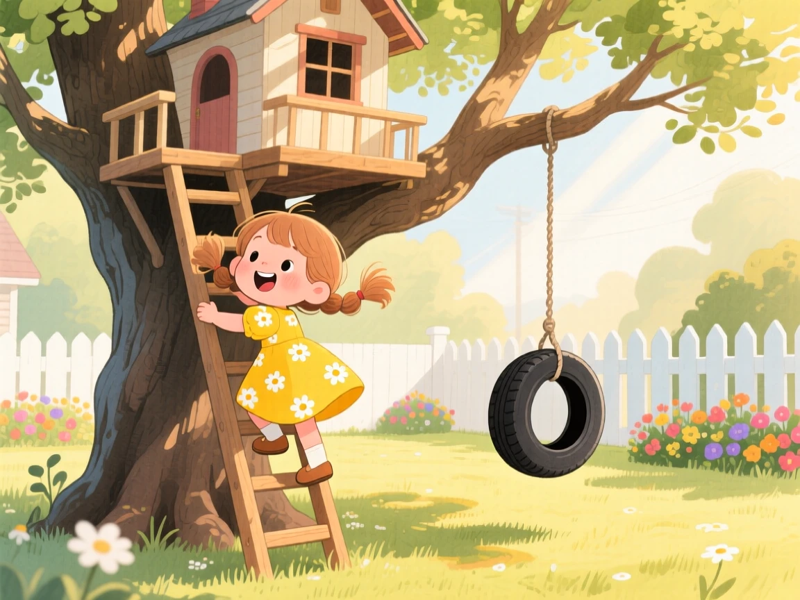 A little girl in a sundress climbing a tree house ladder with excitement, in a sunny backyard with a tire swing, capturing the pure joy of childhood wonder.