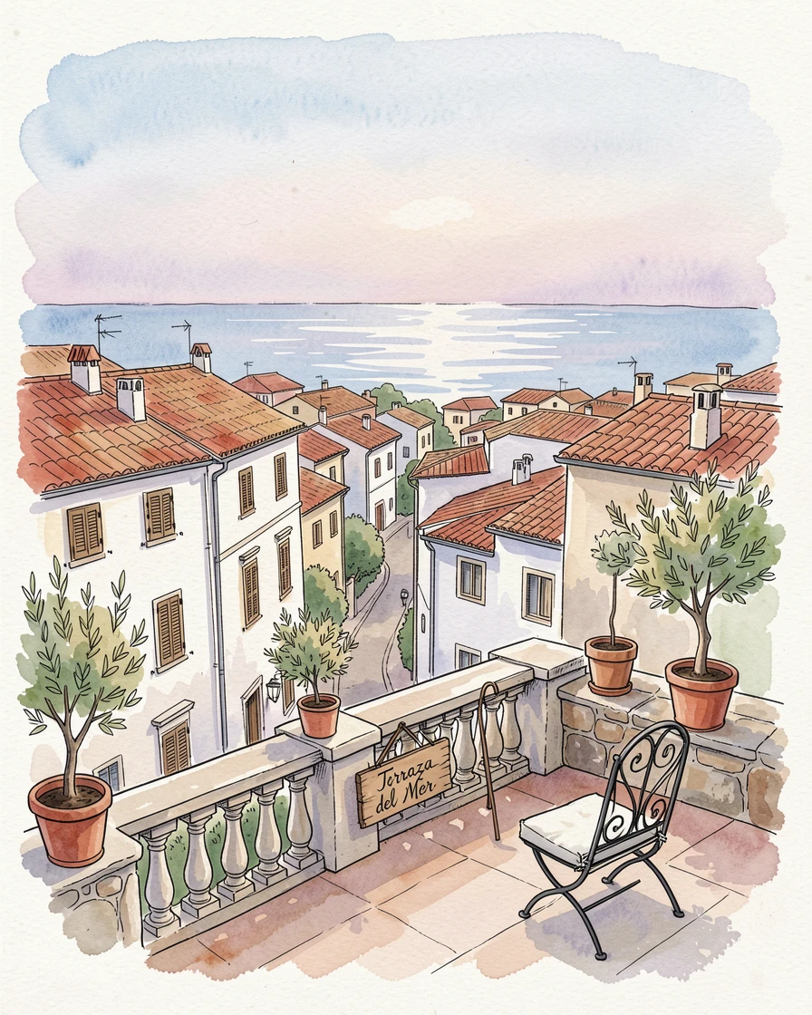 A rooftop terrace overlooking a sprawling Mediterranean coastal town, a gentle stillness settling over the historic setting.