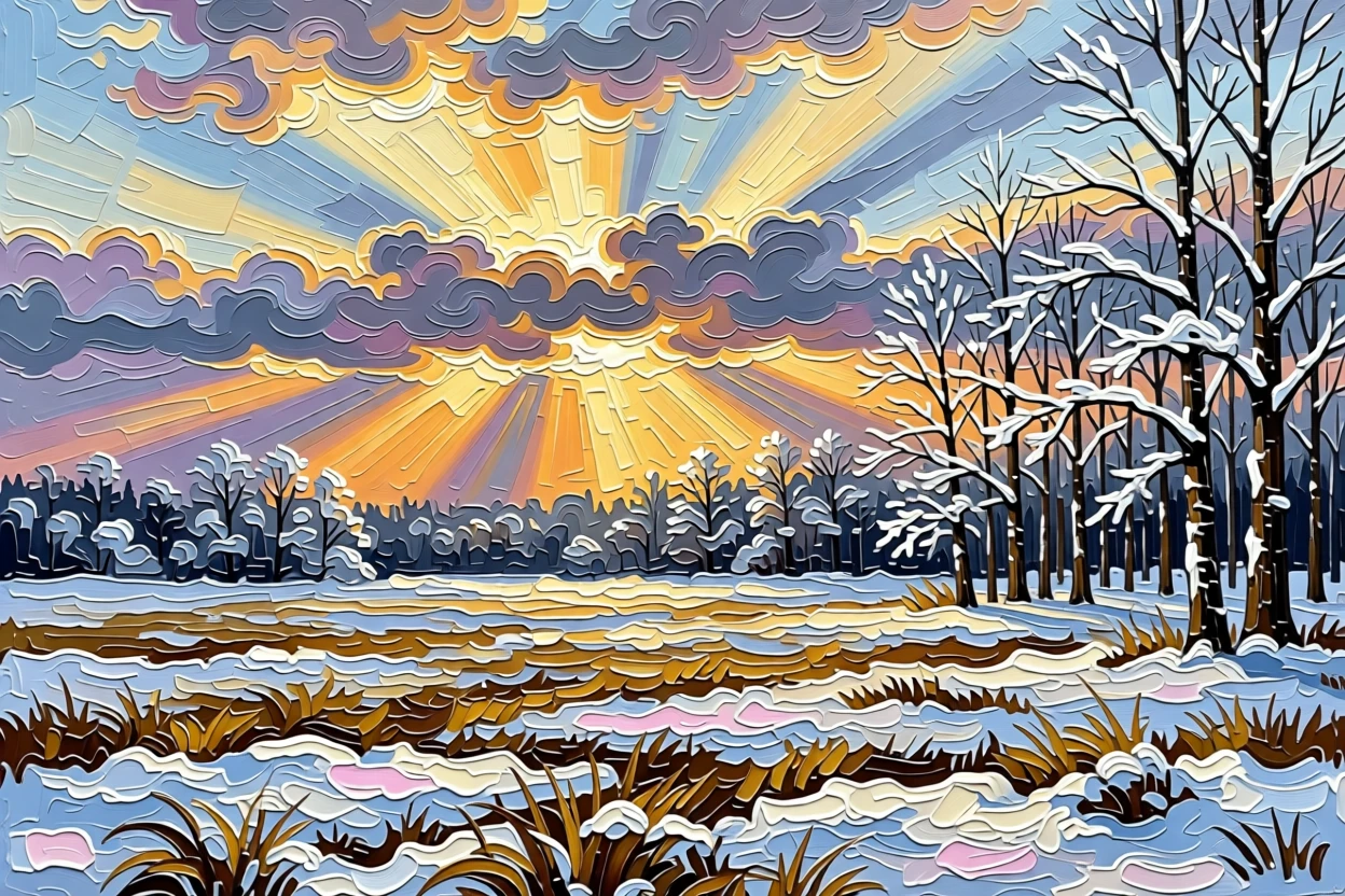 Just before sunset, light breaking dramatically through the clouds, a gentle snowfall blanketing a quiet forest, above a wide, open field stretching to the horizon, light and shadow racing quickly across the landscape.