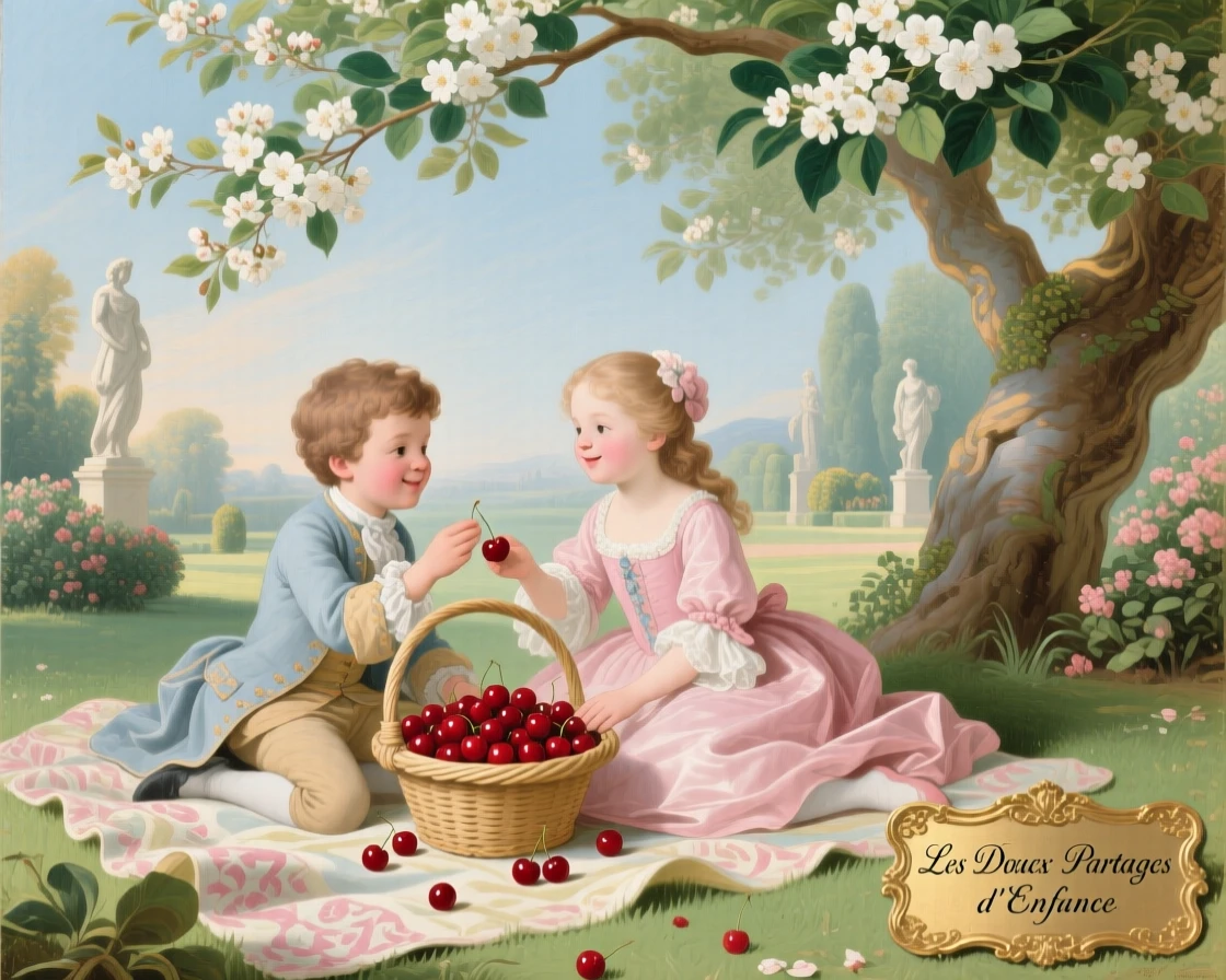 Siblings sharing a basket of cherries beneath an orchard tree  