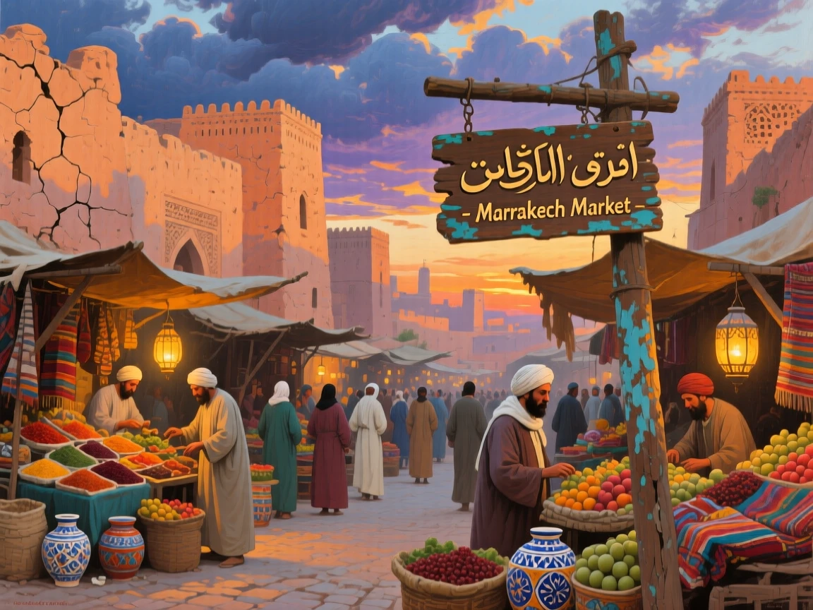 A bustling Marrakech marketplace framed by ancient sandstone walls, as a dramatic sky adds depth and atmosphere to the skyline, capturing the timeless beauty and character of a legendary destination