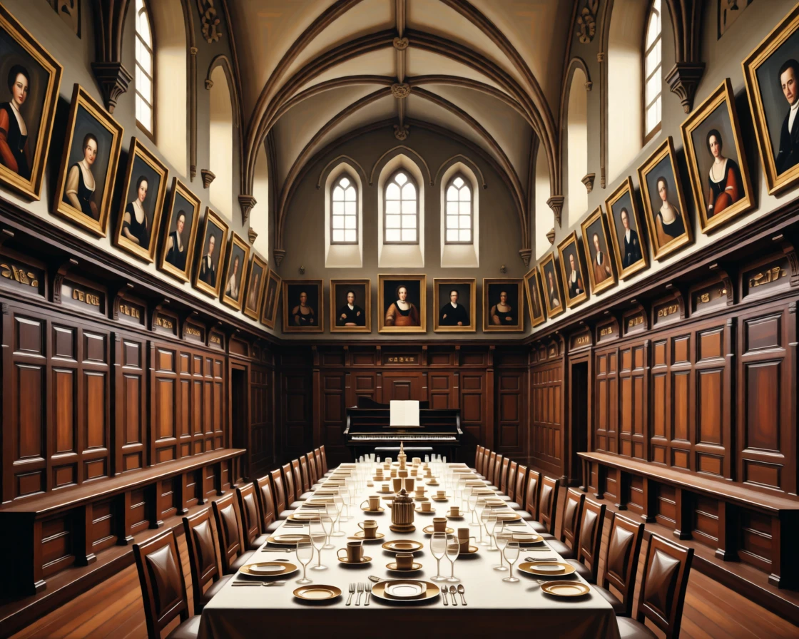 A stately dining hall with a long table set beneath ancestral portraits catching the first light of morning through tall windows, set inside a centuries-old cathedral of quiet reverence, with a single grand piano standing beneath a shaft of window light; symmetry and repetition of arches create a sense of timeless order, filled with hushed splendor and architectural harmony.